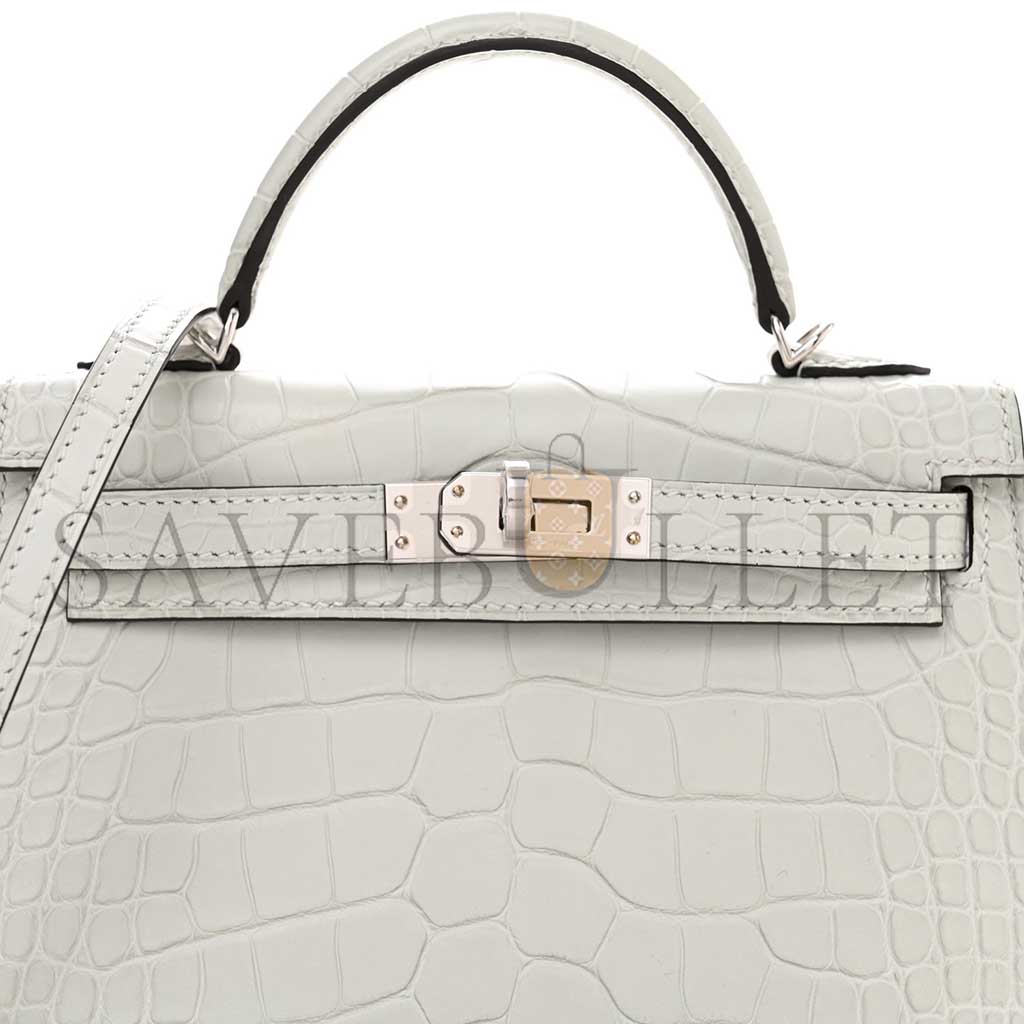 HERMÈS MASTER MATTE ALLIGATOR MINI KELLY II SELLIER GRIS NEVE (19*12*5.5cm)